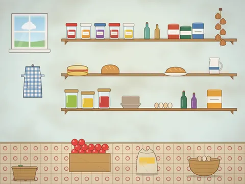 A country pantry with long wooden shelves of jam and pickle jars, tins, bottles, a cheese, a loaf of bread, a pie, a string of onions, a small window, an apron on a hook, a crate of apples, a sack of flour and a basket of eggs on a tiled floor.