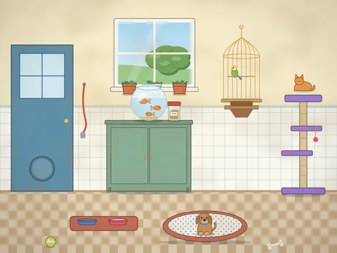 A sunny kitchen corner for pets: a dog asleep in a cushioned bed, a cat on top of a tall cat tree, a budgie in a domed cage, a goldfish bowl on a cupboard, food bowls on a mat, a back door with a pet flap, a lead on a hook, a ball and a bone, and a window with herbs.