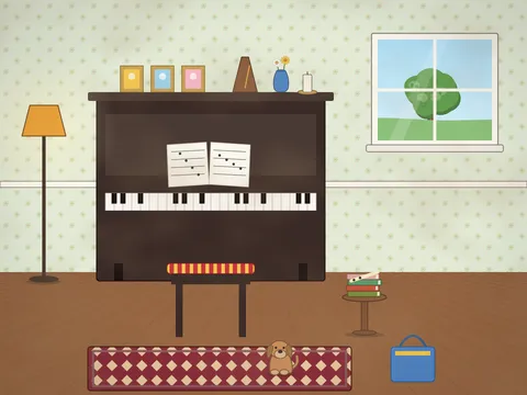 A sitting room with an upright piano: open sheet music, a ticking metronome, a candle, framed photos and a vase on top, a piano stool with a cushion, a music bag, a side table with music books and a recorder, a rug, a standard lamp, a window with a robin outside and a dog asleep on the rug.