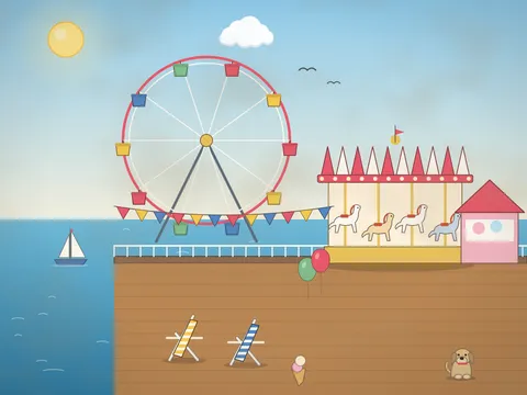 A seaside pier with a big wheel of colourful cars, a carousel with painted horses and a striped top, a candy floss kiosk, bunting, balloons, deckchairs on the boards and the sea with a sailing boat below.