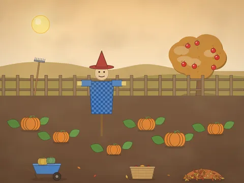 An autumn vegetable garden: pumpkins and squashes among big leaves, a scarecrow in a hat, a wheelbarrow full of squash, a fence with a robin, an apple tree with red apples, piles of fallen leaves, a rake and a basket.