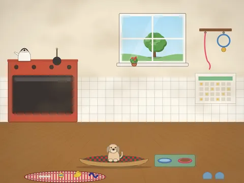 A cosy kitchen corner with a new puppy sitting in a basket on a tartan blanket, chew toys and a ball, a water bowl and a food bowl on a mat, a lead and a collar on a hook, a puppy-training chart, a range stove, a rag rug, a pair of slippers and a cat watching from the windowsill.
