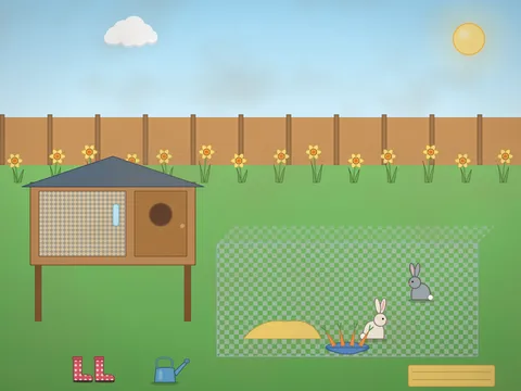 A spring garden with a wooden rabbit hutch on legs, a wire run on the lawn, two rabbits, a pile of hay, a water bottle, a bowl of carrots and greens, a child’s wellies, a watering can, daffodils along the fence and a blackbird on the roof.