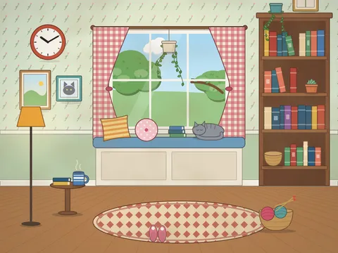 A cosy reading corner: a window seat with cushions and a curled-up grey cat, a tall bookcase, a reading lamp, a side table with a mug and a garden view through the window.