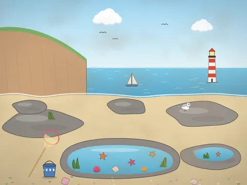 A rocky shore at low tide under a sea cliff: clear rock pools with starfish, anemones, seaweed and shells, a crab, a shrimping net and a bucket, gulls on the rocks, a lighthouse on the point and boats on a calm sea.