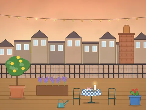 A small rooftop garden at sunset: terracotta pots and wooden planters of herbs and flowers, a little table with two chairs, string lights, a chimney pot, a watering can, a lemon tree in a pot, a pigeon on the railing and the roofs and chimneys of the town beyond.