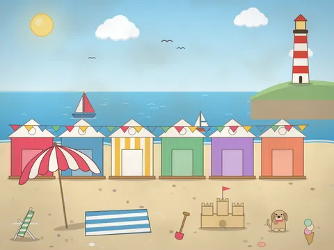 A sandy beach with a row of painted beach huts, the sea with sailing boats, a lighthouse on the headland, a parasol, a towel, a sandcastle and a bucket and spade.
