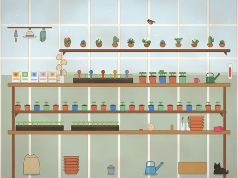A greenhouse in late winter: long wooden benches crowded with seed trays and little pots of seedlings, plant labels, seed packets, a ball of string, pencils, a dibber, a watering can, stacked pots, hanging tools, frosty glass and a robin on the frame outside.