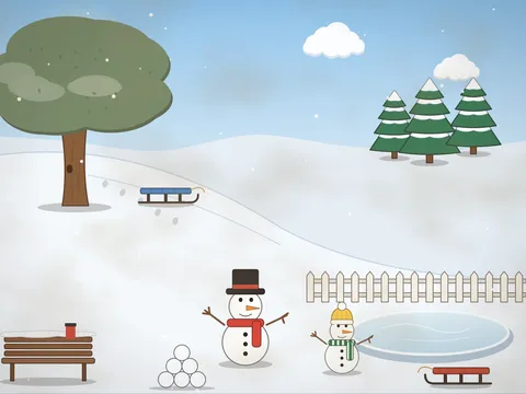 A snowy park hill on a bright winter day: sledges at the bottom of the slope, two snowmen, a pile of snowballs, a dog in a little coat, a bench with a flask, snowy pine trees, a bare oak, a frozen pond and a fence.