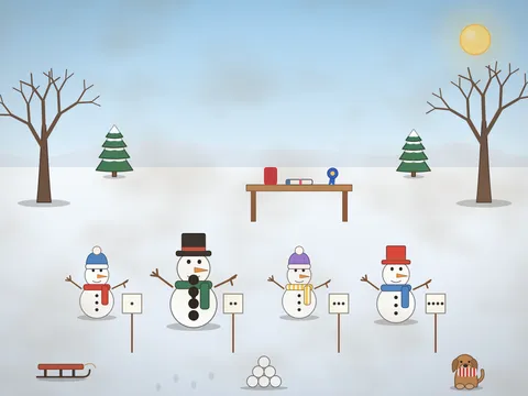 A snowy park on a bright winter day: a row of snowmen with hats, scarves and buttons and numbered signs on sticks, a judges’ table with a rosette and a flask, a sledge, snowballs, bare trees, a robin and a dog in a jumper.