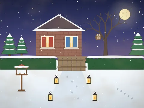 A garden at night after snowfall: a full moon and stars, a wooden gate in a snowy hedge, a path lit by lanterns, a cottage with glowing windows, snowy pine trees, a bird table, an owl in a bare tree and fox tracks in the snow.