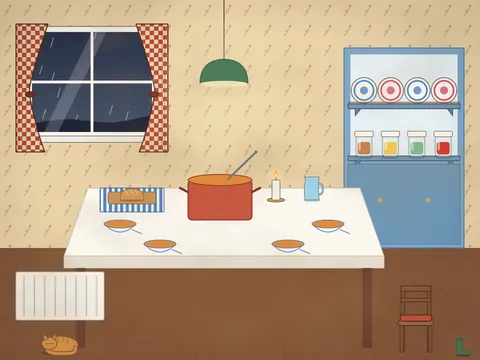 A kitchen table in the evening: a big pot of soup with a ladle, bowls, a loaf of crusty bread on a board, a butter dish, spoons, a jug of water and glasses, a candle, a lamp over the table, a dark rainy window, an old dresser and a cat curled by the radiator.