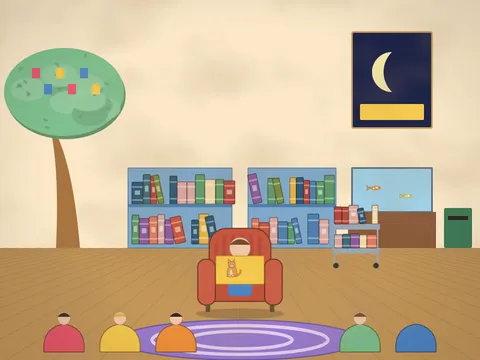 The children’s corner of a town library: a storyteller in a big chair holding up a picture book, children on beanbags and a rug, low shelves of picture books, a painted reading tree on the wall, a book trolley, a fish tank, a returns box and a poster of the moon.