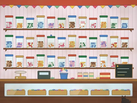 Inside an old sweet shop: three long shelves of glass jars full of coloured sweets, a counter with brass scales, a pot of swirly lollies, striped paper bags, a till, a tin of toffees, a chalkboard and bunting across the top.