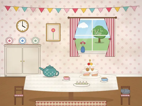 A parlour set for afternoon tea: a round table with a lace cloth, a flowered teapot, cups and saucers, a plate of sandwiches, a three-tier cake stand, a vase of roses, bunting along the wall, a dresser and a window with a garden view.