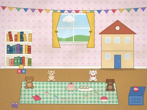 A playroom with a teddy bears’ tea party on a blanket on the floor: four teddies, a toy teapot and cups, a little cake on a stand, sandwiches and a jelly; behind them a bookcase, a dolls’ house, bunting, a window and a toy box, plus a toy rabbit.