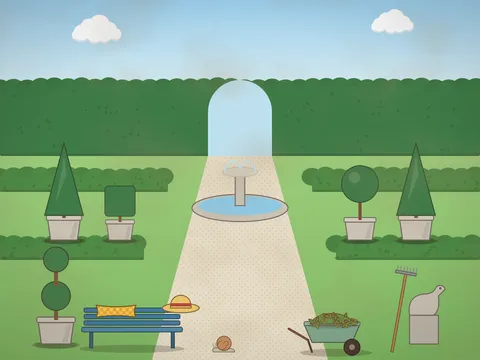 A formal garden: topiary shrubs clipped into balls, cones and cubes in stone pots, low box hedges, a gravel path to a round fountain, a bird statue, a blue bench, a wheelbarrow of clippings, a gardener’s hat and a big hedge with an arch.