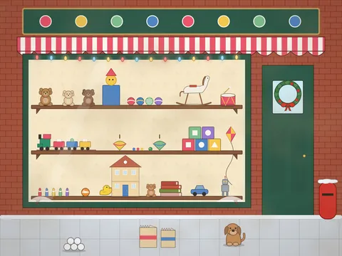 A toy shop front on a winter street: a big window with three shelves of toys (teddies, dolls, a train, skittles, spinning tops, building blocks, balls, a jack-in-the-box, a rocking horse and kites), a striped awning, a door with a wreath, lights around the window, snow on the pavement, a postbox, a dog and shopping bags.