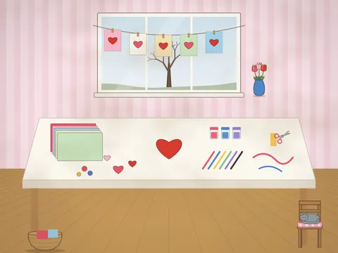 A table covered in card-making things: paper hearts in pink and red, pots of glitter, a glue stick, ribbons, buttons, felt pens, scissors, a stack of coloured card, finished cards pegged on a string across the window, a vase of tulips and a cat asleep on a chair.