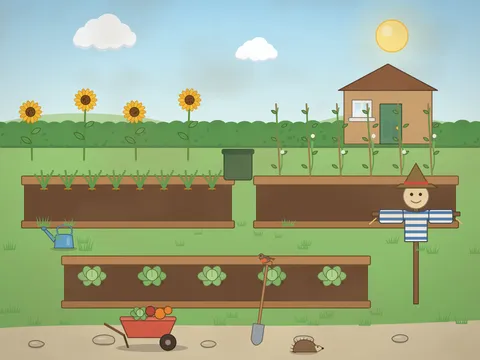 A vegetable garden with raised wooden beds of cabbages and carrots, a scarecrow in a striped shirt, bean poles, a wheelbarrow full of vegetables, a hedgehog and a robin on a fork handle.