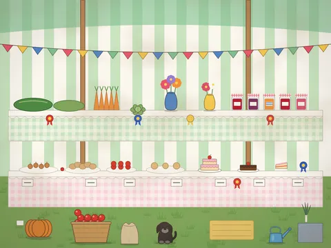 Inside a striped show tent: long tables covered with prize entries — giant marrows, onions, carrots, potatoes and tomatoes on plates, jars of jam with labels, scones and cakes on doilies, vases of dahlias, rosettes in red, blue and yellow, entry cards, bunting along the tent poles, a giant pumpkin, a basket of apples, a straw bale and a dog.