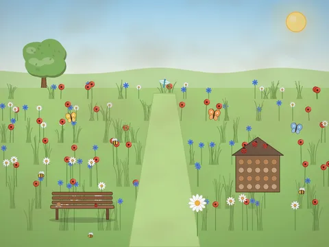 A summer wildflower meadow full of red poppies, white daisies, blue cornflowers and tall grasses, with bees, butterflies, ladybirds and a snail, a mown path, a wooden bench, a bug hotel and a hazy blue sky.