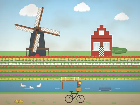 Flat tulip fields in stripes of red, yellow, pink and white, a tall dark windmill with white sails beside a canal, a brick farmhouse with a gable, a little wooden footbridge, a rowing boat, ducks on the water, a bicycle on the path, yellow clogs and a stork overhead.