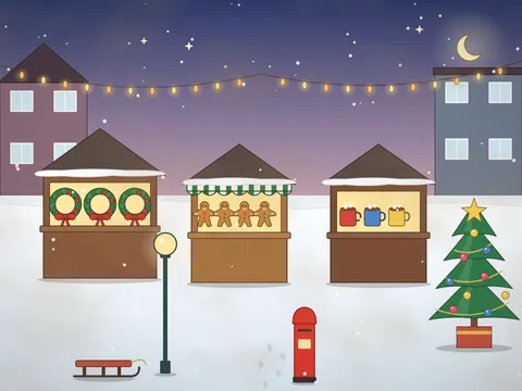 A winter market at dusk in a snowy square: wooden chalet stalls selling wreaths, gingerbread and hot drinks, strings of warm lights overhead, a lamp post, a decorated tree, a sledge, a postbox, snow on the roofs and stars coming out.