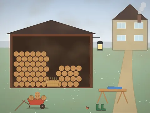 A garden woodshed in winter: an open-fronted shed with neatly stacked logs, a basket of kindling, a sawhorse, a lantern on a hook, a pair of gloves, a wheelbarrow of logs, a wren peeping from the woodpile, frosty grass, a path to the house and smoke from the chimney.
