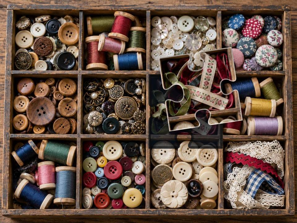 Old wooden sorting tray filled with colorful buttons, thread spools and ribbons.