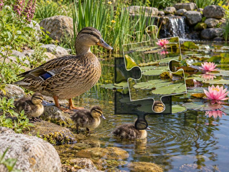 Mother mallard and three ducklings among lily pads, pink flowers and stones at a garden pond.