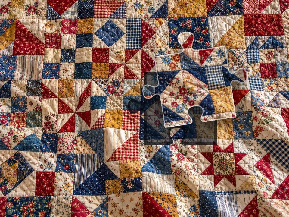 Handmade patchwork quilt combining floral, checked, striped and dotted cotton fabrics.
