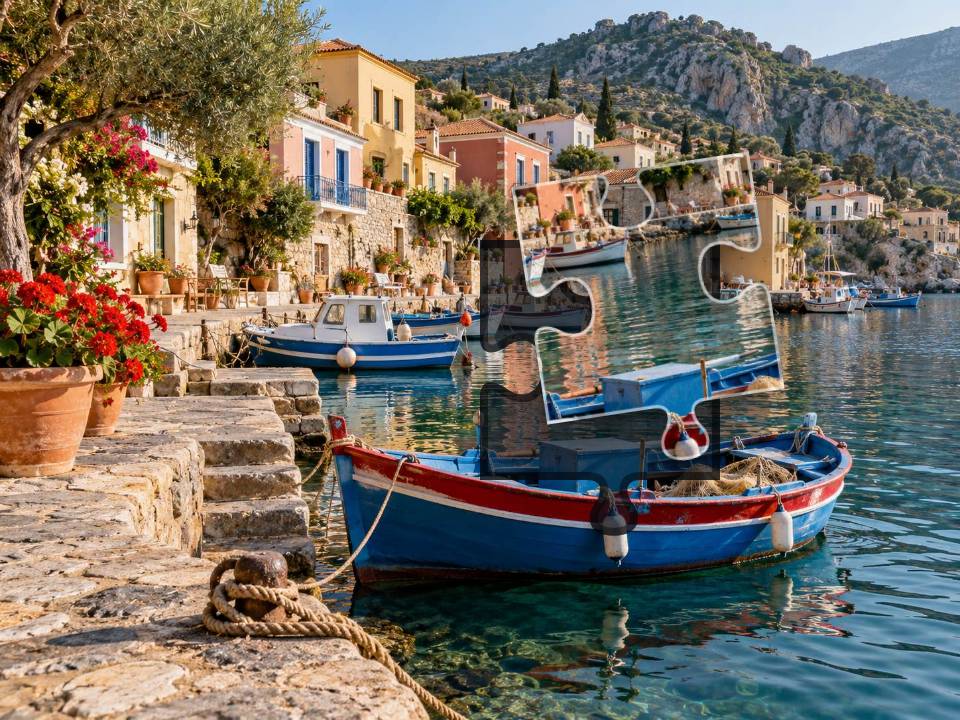 Colorful fishing boats beside stone steps and pastel harbor houses with flower-filled pots.