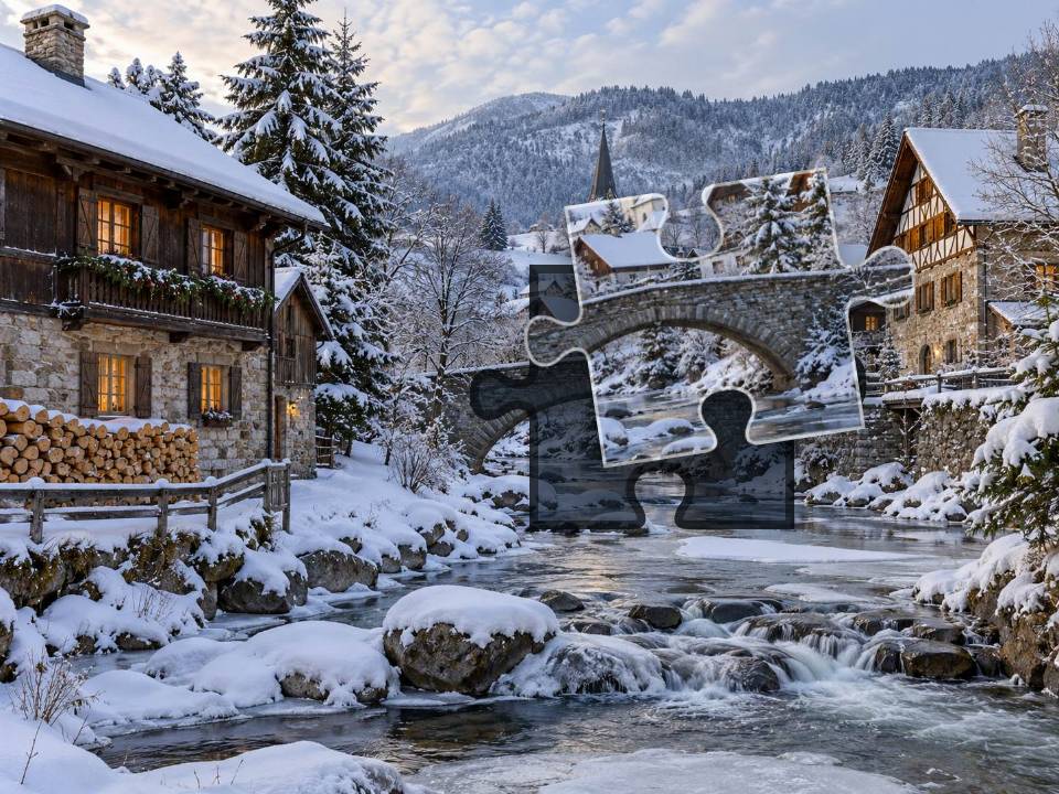 Snow-covered village beside a partly frozen stream with a stone bridge, fir trees and warm windows.