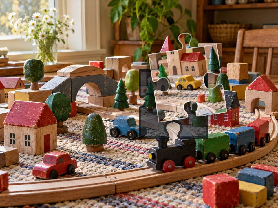 Colorful wooden toy train, blocks, miniature houses and cars arranged on a woven rug.