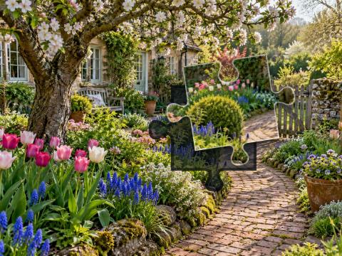 Brick garden path winding past tulips and a blossoming apple tree toward a weathered wooden gate.
