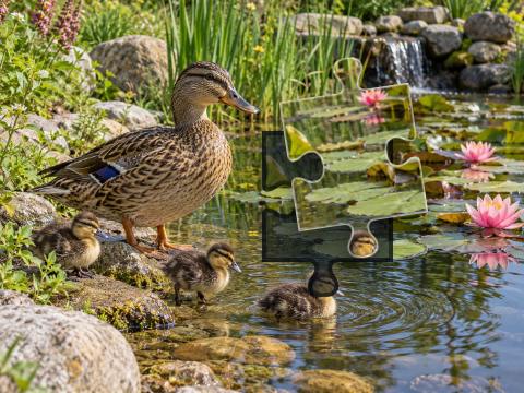 Mother mallard and three ducklings among lily pads, pink flowers and stones at a garden pond.