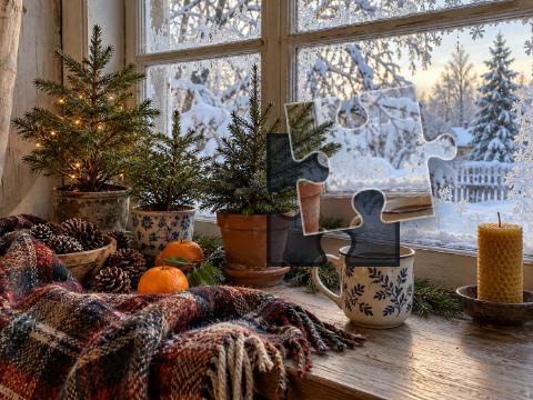 Winter windowsill with potted evergreens, pine cones, oranges, a wool scarf, mug and beeswax candle.