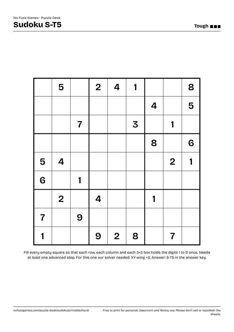 Sample sheet: Sudoku S-T5 (Tough) as it prints on A4, one grid with its id and level at the top.