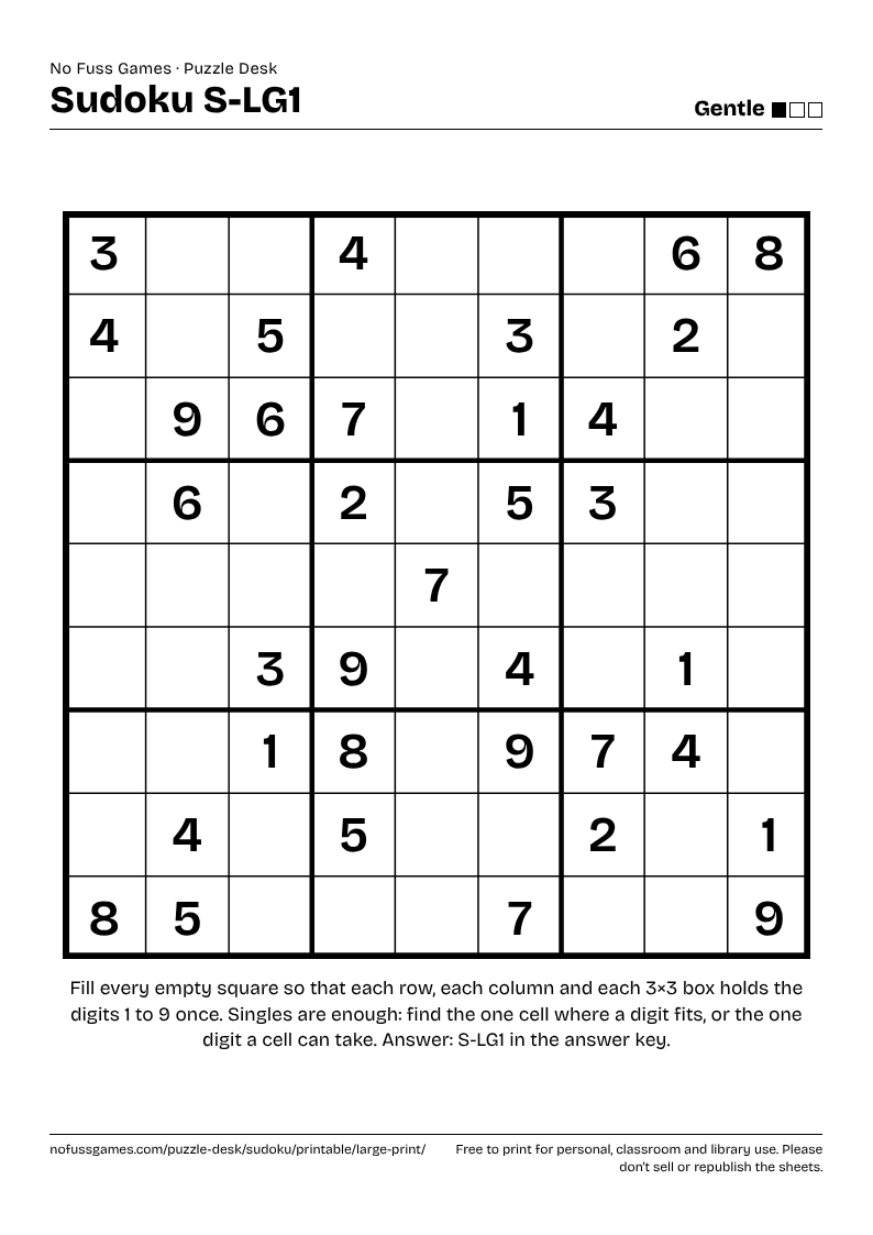 Sample sheet: Sudoku S-LG1 (Gentle) as it prints on A4, one large grid with its id and level at the top.