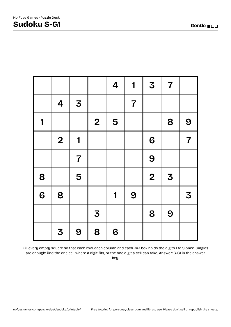 Sample sheet: Sudoku S-G1 (Gentle) as it prints on A4, one grid with its id and level at the top.
