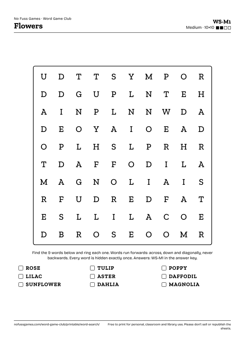 Sample sheet: word search WS-M1, Flowers, as it prints on A4, with the grid, the word list and the id at the top.