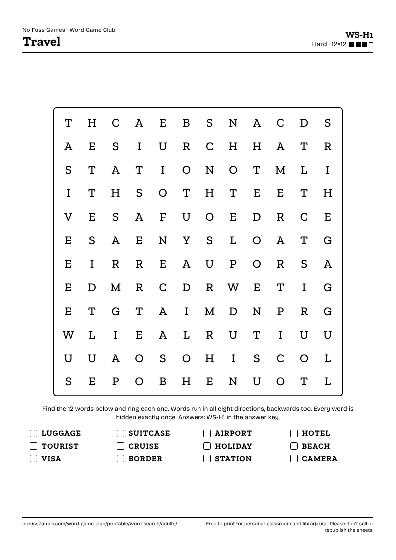Sample sheet: word search WS-H1, Travel, as it prints on A4, with the grid, the word list and the id at the top.