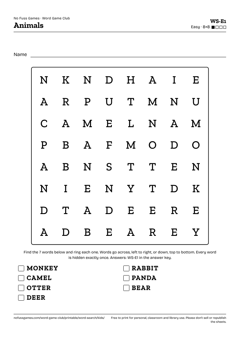 Sample sheet: word search WS-E1, Animals, as it prints on A4, with the grid, the word list and the id at the top.
